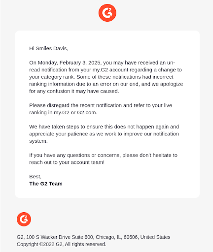 Email from The G2 Team apologizing for an error that caused incorrect ranking information.