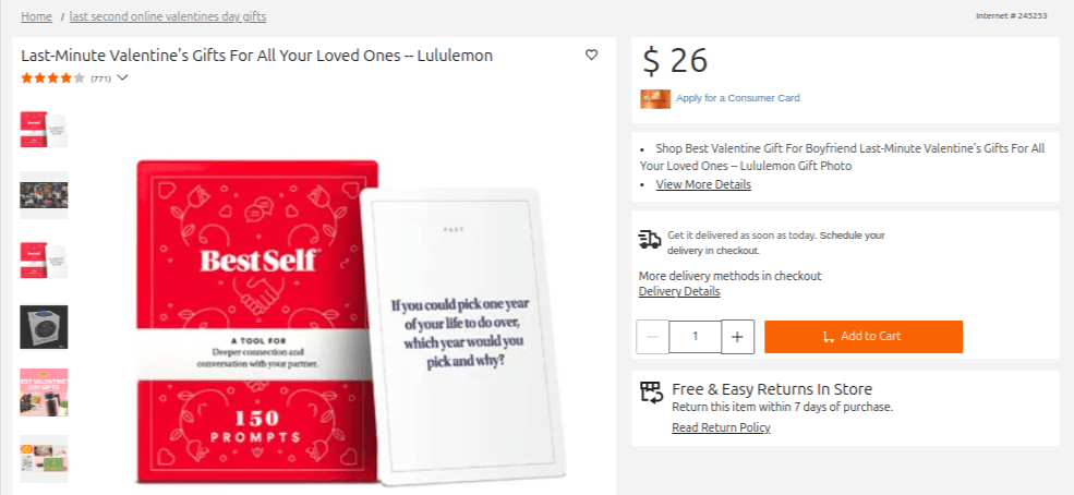 -Lululemon featuring 'BestSelf' conversation cards as a last-minute Valentine’s gift with options for instant delivery and in-store pickup.-