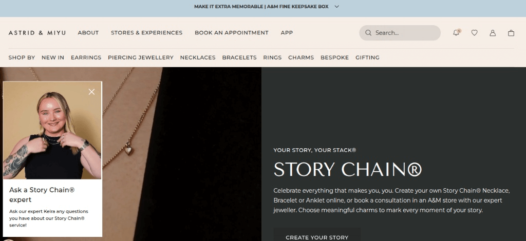 The Astrid & Miyu website featuring their 'Story Chain' service, where users can customize jewelry