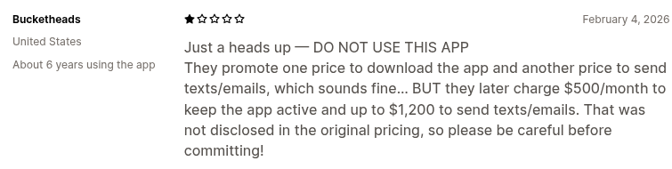 Recent review (Feb 4, 2026) from Shopify merchant - Bucketheads, highlighting confusion about the Omnisend pricing