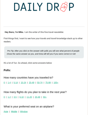 A Daily Drop newsletter featuring multiple interactive elements, including travel polls about seating preferences