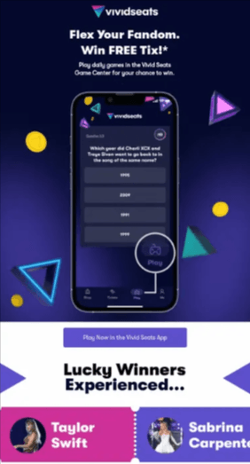 A Vivid Seats gamified email titled 'Flex Your Fandom,' featuring an interactive music trivia question on a smartphone screen.