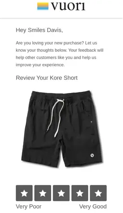 A post-purchase interactive email from Vuori featuring a 5-star rating component to review the 'Kore Short' directly in the inbox.