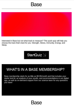 A promotional email from Base featuring a bright pink header and a 'Start Quiz' button, designed to help users choose the right health track for their needs.