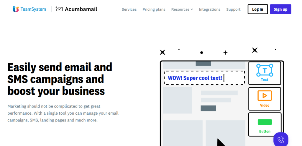 Acumbamail landing page titled easily send email and SMS campaigns and boost your business