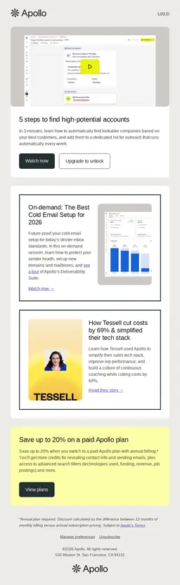 An Apollo educational email featuring multiple video modules with 'Watch now' buttons, demonstrating how interactive video is used to teach B2B strategies like cold email setup and finding potential accounts.