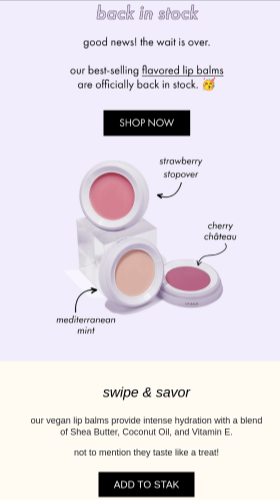 An interactive 'Back in Stock' email from Stak for featuring an 'ADD TO STAK' button that allows customers to add items to their shopping cart directly within the email.