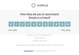 An interactive Net Promoter Score (NPS) survey embedded in an email from Simple, asking 'How likely are you to recommend Simple to a friend?' with a clickable scale from 0 to 10.