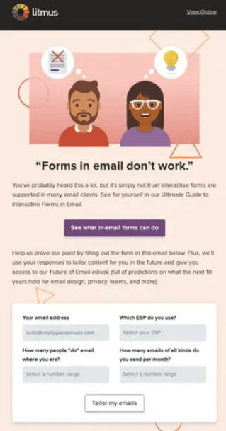 An interactive email from Litmus titled featuring an embedded four-field form to collect subscriber data like email address and ESP preference directly in the inbox.