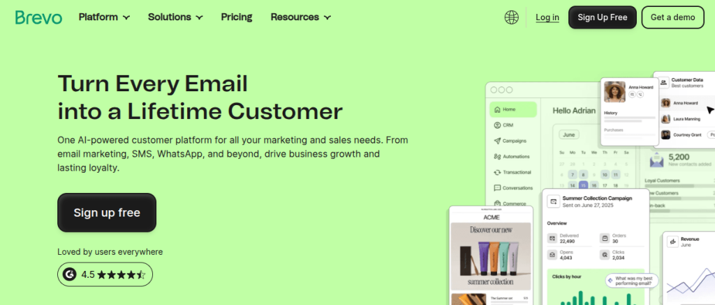 Brevo landing page titled - Turn every email into a lifetime customer