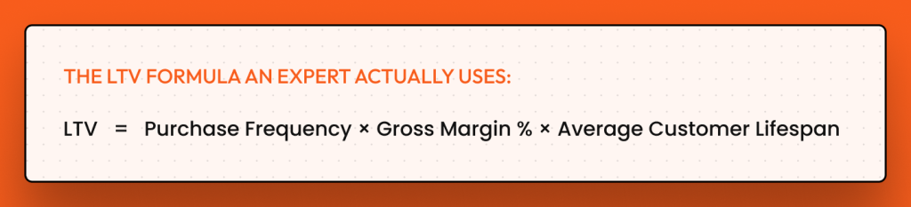 Expert LTV formula for ecommerce purchase frequency times gross margin percentage times average customer lifespan