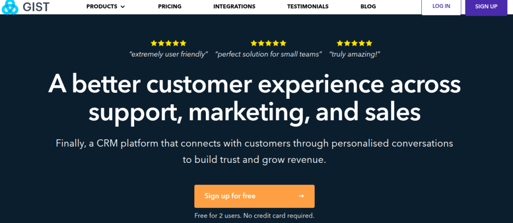 Gist landing page for email marketing, CRM, and sales software