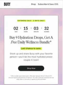 n the Bugy example, the timer prominently displays the days, hours, minutes, and seconds remaining in their "Extended Sale," creating a sense of FOMO (Fear Of Missing Out) that drives users toward the "Shop Now" button.