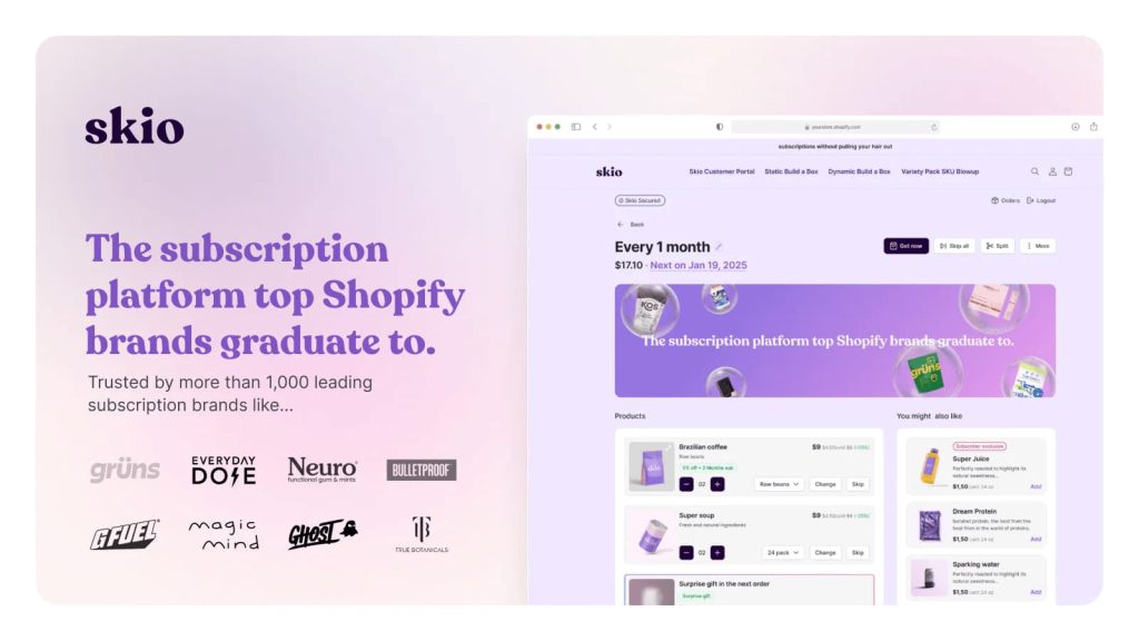 Landing page of Skio for creating Subscription options within your Shopify store