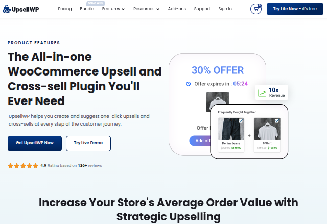 Landing page of Upsell WP to increase average order value