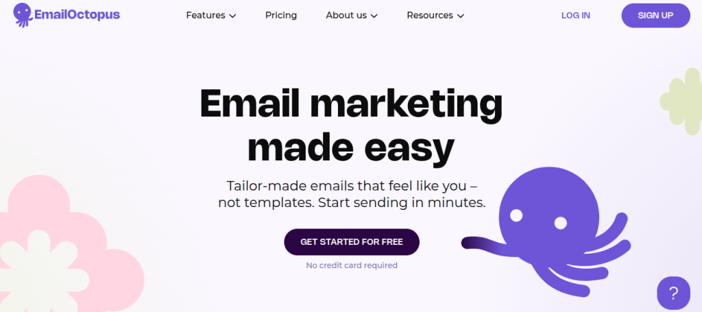 Landing page of email octopus titled email marketing made easy