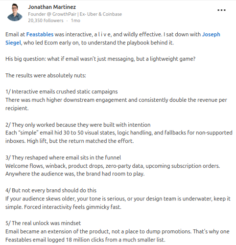LinkedIn post from Jonathan Martinez