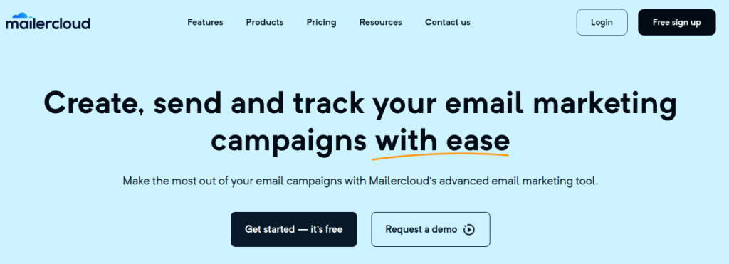 Mailercloud email marketing software landing page titled create, send, and track your email marketing campaigns with ease