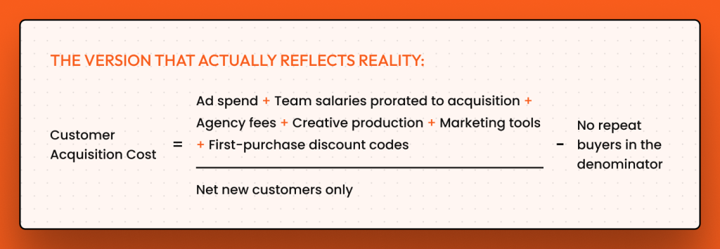 Real ecommerce CAC formula ad spend, salaries, agency fees, and discounts divided by net new customers