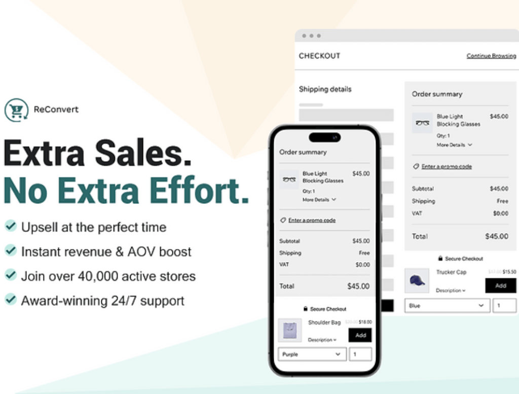 Reconvert Landing page displaying its features like upsell for increasing the Average Order Value of the store