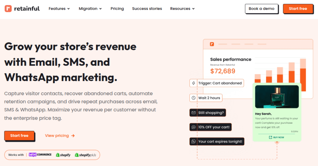 Retainful landing page displaying the omnichannel marketing capabilities in addition to email marketing for Shopify and WooCommerce store owners