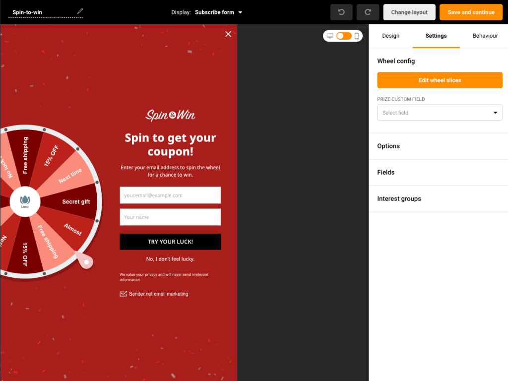 Spin to win subscription form builder in Sender net.