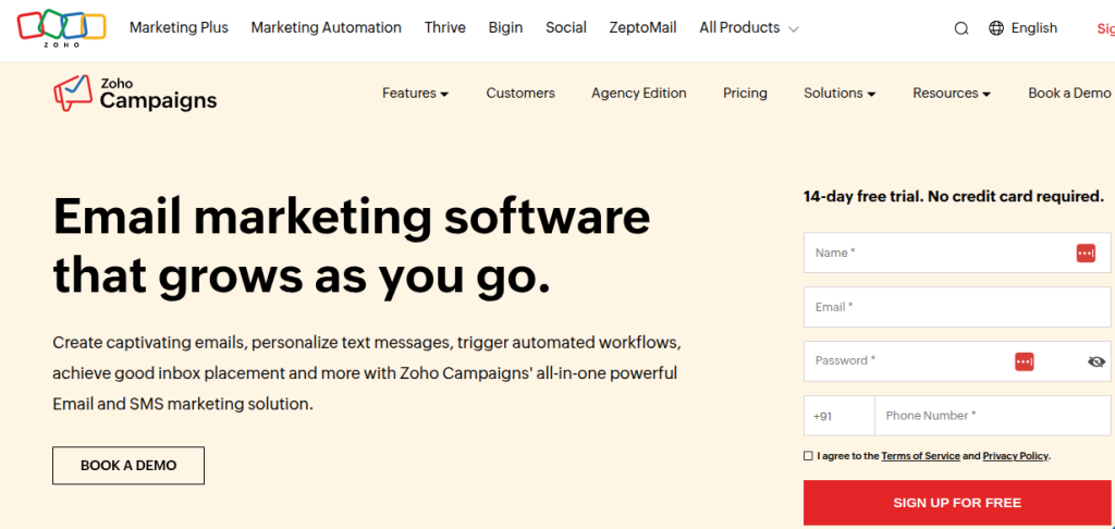 Zoho campaigns email marketing landing page